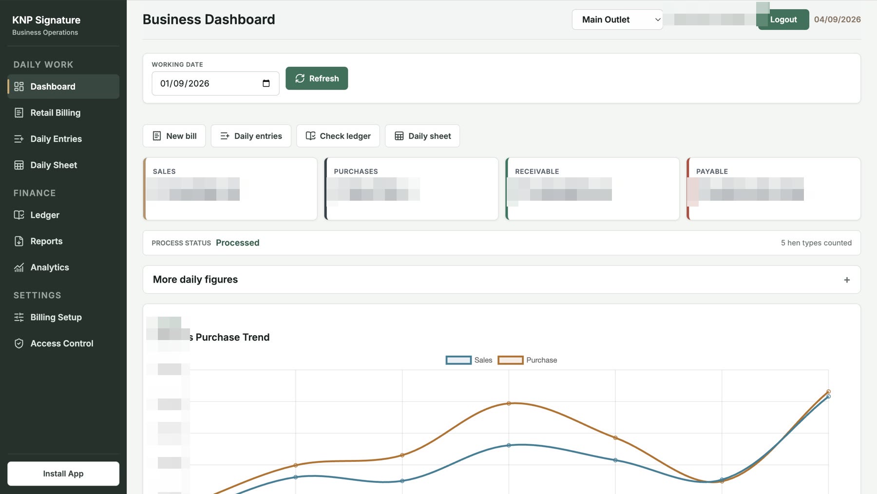 KNP Signature showing billing, stock, and finance navigation with selected data obscured